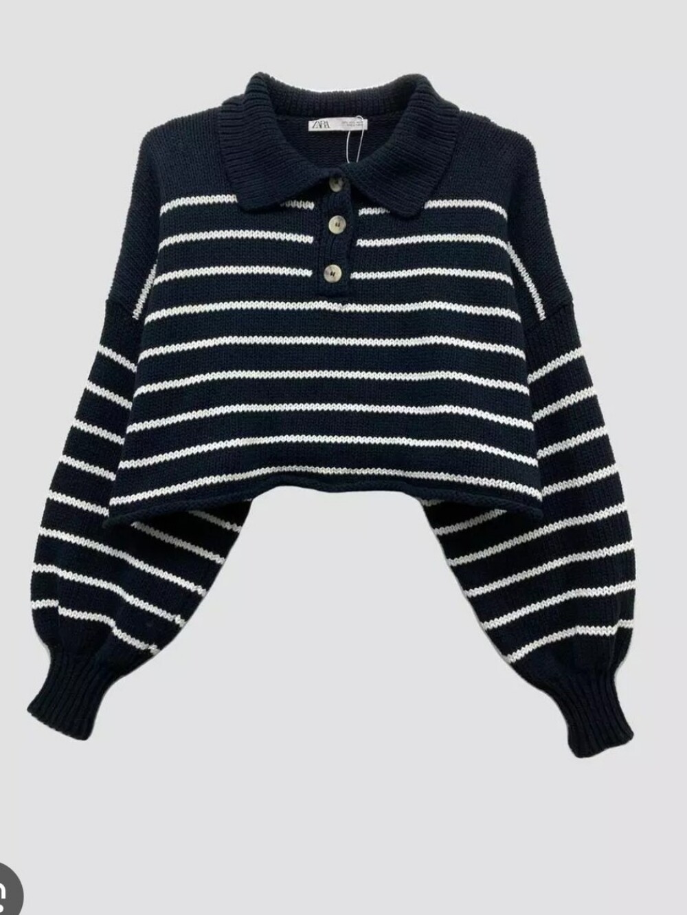 Zara | Cropped Navy Blue And White Striped Knit Sweater